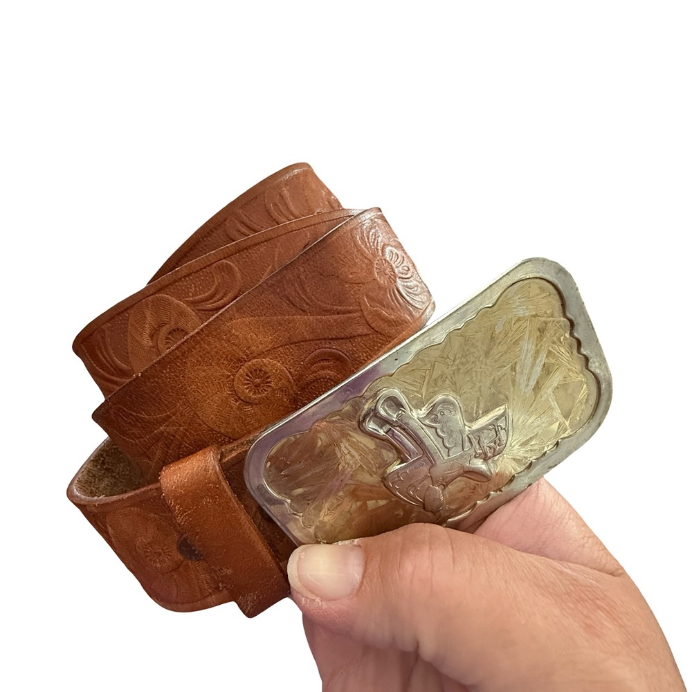 Tooled Leather Saddle Buckle Women's Belt 36 Brown Floral Buckle Western Floral